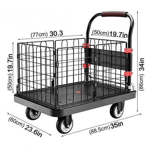 Heavy Duty Push Cart Dolly Platform Truck Flatbed With Foldable Fence And 882 Lb Capacity 5 Inch Silent TPR Wheels Your Warehouse Garage Office Hotel Workhorse For Daily Hauling, 35 x 23.6 in