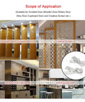 Rock Solid Heavy Duty Pivot Hinge 40 Pack Stainless Steel 360 Degree Rotary Hidden Door Hardware Rust Resistant Built Like A Tank shown in various door applications including cabinets and creative screens.