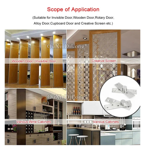 Rock Solid Heavy Duty Pivot Hinge 40 Pack Stainless Steel 360 Degree Rotary Hidden Door Hardware Rust Resistant Built Like A Tank shown in various door applications including cabinets and creative screens.