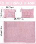 Two In One Travel Blanket And Pillow Ultra Soft And Compact For Airplane Travel With Luggage Strap And Clip Pink 61 By 43 Inches Packable Cozy Fabric Ideal For Long Flights And Weekend Getaways Must Have Travel Accessory For Any Trip; image showing pink blanket and pillow dimensions 61x43 inches and 13x9.8 inches respectively.