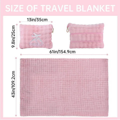 Two In One Travel Blanket And Pillow Ultra Soft And Compact For Airplane Travel With Luggage Strap And Clip Pink 61 By 43 Inches Packable Cozy Fabric Ideal For Long Flights And Weekend Getaways Must Have Travel Accessory For Any Trip; image showing pink blanket and pillow dimensions 61x43 inches and 13x9.8 inches respectively.