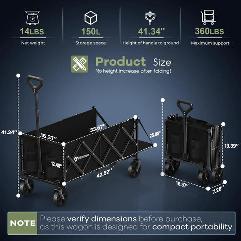 Extra Long 43 Inch Collapsible Wagon With Extended Tailgate 360 Pound Heavy Duty Utility Cart dimensions and portability view