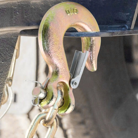 5/16 Chain Hook With Safety Latch Heavy Duty Clevis Slip Hook Grade 70 Forged Steel 14,000 Lbs Capacity Ideal For Towing, Rigging, And Industrial Construction Projects. close-up on chain hook with safety latch attached to chain