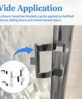 Badass 2 Pack Chrome Towel Bar Brackets For Shower And Tub Enclosure With Hardcore Zinc Alloy Design shown on sliding shower door.