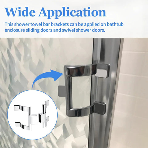 Badass 2 Pack Chrome Towel Bar Brackets For Shower And Tub Enclosure With Hardcore Zinc Alloy Design shown on sliding shower door.