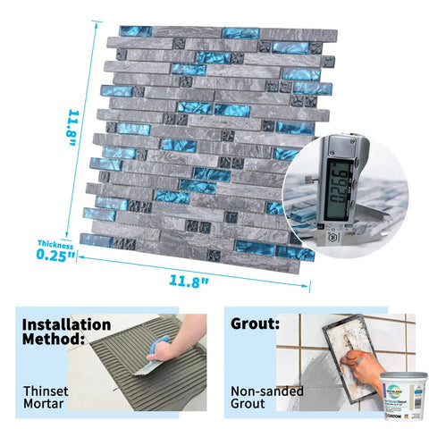 Blue Gray Glass Dope Decorative Tile 5 Pack Mosaic For Kitchen Backsplash or Bathroom, 11.8" x 11.8", Mesh-Backed, Installation Guide