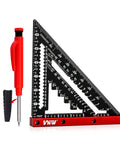 Heavy Duty Aluminum Rafter Square With Carpenter Pencil Built Like A Tank For Dead Accurate Woodworking Layouts And Corner Marking Up To Seven Inches angled view with precise measurement markings.
