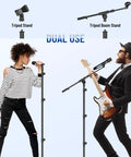 Floor Mic Stand With Adjustable Tripod Boom Arm, Carrying Bag, Two Mic Clips, And Three Eighths To Five Eighths Inch Adapter For Singing And Podcast Setup, Compatible With Blue Yeti, Shure SM58, SM48, And Fifine K669B, shown in dual use with a singer and guitarist.