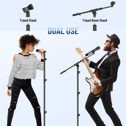 Floor Mic Stand With Adjustable Tripod Boom Arm, Carrying Bag, Two Mic Clips, And Three Eighths To Five Eighths Inch Adapter For Singing And Podcast Setup, Compatible With Blue Yeti, Shure SM58, SM48, And Fifine K669B, shown in dual use with a singer and guitarist.