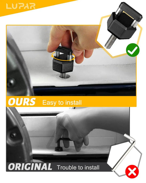 Image showing Badass Quick Swap Thumb Screws with D Ring Knobs, demonstrating easy installation for Jeep Wrangler hardtops.