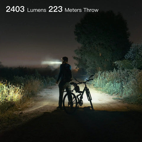 Cyclist using UltraBright USB C Rechargeable Handheld Flashlight With XHP35.2 LED High Lumen Output for night ride