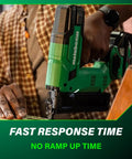 Person using Cordless 18V Narrow Crown Stapler Kit With 2.0Ah Battery Drives Half Inch To One And A Half Inch Staples, 18 Gauge Finish Stapler.
