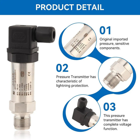 4 To 20 mA Air Pressure Transmitter For Water Oil Gas Applications 24V DC 0 To 3 Bar Silicone Sensor In Stainless Steel Body
