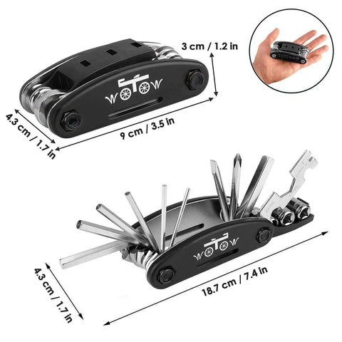 16 In 1 Bicycle Multitool Kit For On The Go Mountain Bike Maintenance includes hex keys and more in compact folded form