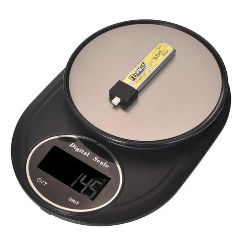 4 Pack BT2.0 550mAh 1S LiPo Battery on digital scale showing weight for Tiny Whoop Drones, Air75, Meteor75, Cetus Pro, Cetus X Quads