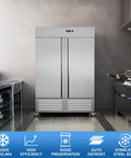Rock Solid Heavy Duty 54 Inch Commercial Refrigerator Two Door Stainless Steel Reach In Upright Fridge Fan Cooled Forty Nine Cubic Feet Capacity for restaurants in a modern kitchen.