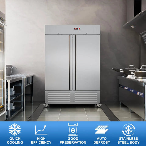 Rock Solid Heavy Duty 54 Inch Commercial Refrigerator Two Door Stainless Steel Reach In Upright Fridge Fan Cooled Forty Nine Cubic Feet Capacity for restaurants in a modern kitchen.