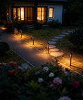 Low Voltage Outdoor Pathway Lighting Kit With 0.6W LED 3100K Warm White 12V Metal Path Lights illuminating a garden walkway