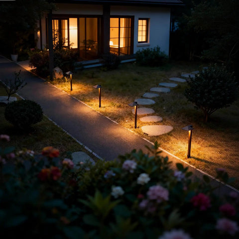 Low Voltage Outdoor Pathway Lighting Kit With 0.6W LED 3100K Warm White 12V Metal Path Lights illuminating a garden walkway