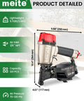 Lightweight Pneumatic Roofing Nailer Designed For Tight Roofs And Daily Grind drives 15 degree coil nails, dimensions shown.
