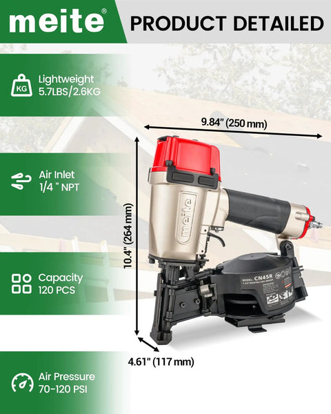Lightweight Pneumatic Roofing Nailer Designed For Tight Roofs And Daily Grind drives 15 degree coil nails, dimensions shown.