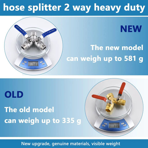 Heavy Duty 2 Way Garden Hose Splitter With Full Flow Y Valve And Long Handle, 304 Stainless Steel Lead Free 3/4 GHT Thread Water Splitter For Outdoor Hoses, Maximum Flow And Durable Build, shown on scale
