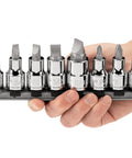 Hand holding Half Inch Drive Phillips And Slotted Bit Socket Set With Rail Eight Piece Includes Two To Four Phillips And One Quarter Inch To Five Eighths Inch Slotted Sockets Eight Inch Rail S2 Steel Bits For Precise Fit And Tough Jobs.