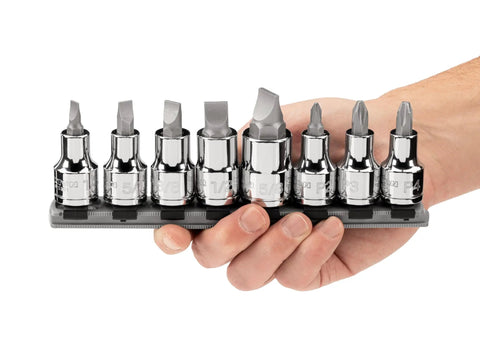 Hand holding Half Inch Drive Phillips And Slotted Bit Socket Set With Rail Eight Piece Includes Two To Four Phillips And One Quarter Inch To Five Eighths Inch Slotted Sockets Eight Inch Rail S2 Steel Bits For Precise Fit And Tough Jobs.