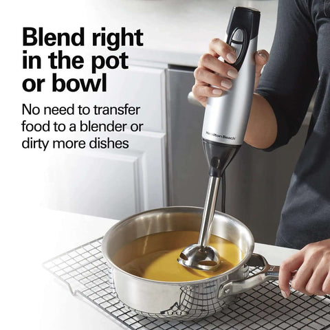 Kickass 4 In 1 Electric Immersion Hand Blender With Whisk And 3 Cup Vegetable Chopper Bowl Dual Speed Settings Ergonomic Handle Slick Stainless Steel Finish For Effortless Food Prep blending soup in stainless steel pot