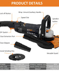 Pro Grade Concrete Grinder And Sander 1500W With 5 Inch Angle Kit, showing controls and parts with labels.