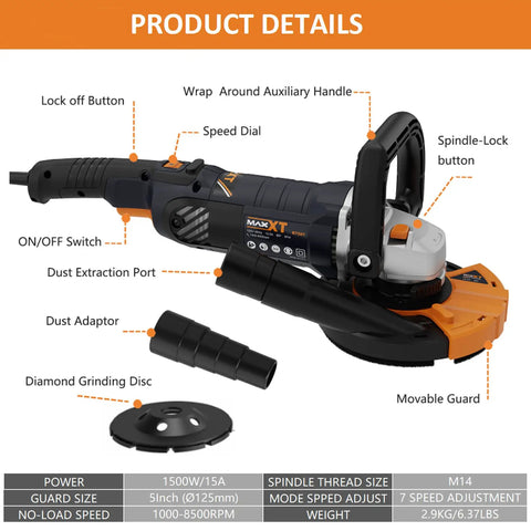 Pro Grade Concrete Grinder And Sander 1500W With 5 Inch Angle Kit, showing controls and parts with labels.