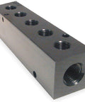 Five Station Inline Pneumatic Manifold, Half Inch Input, Three Eighths Inch Outputs, Aluminum 6061 with Black Anodized Finish, industrial use