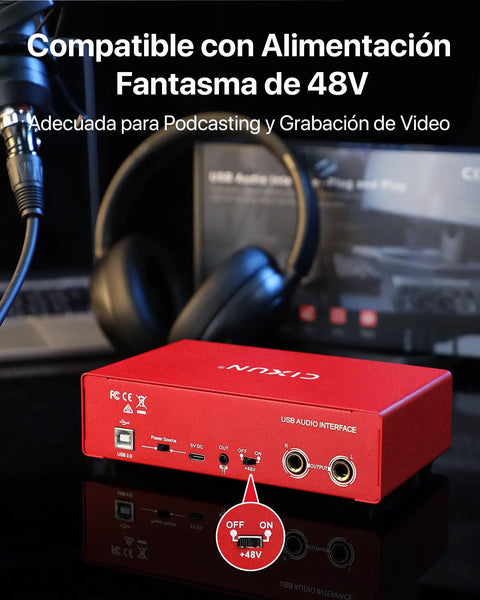 2x2 USB C Audio Interface For PC And Mac, Plug And Play, 24 Bit 192kHz Recording, Dual TS XLR Inputs, 48V Phantom Power, Matte Red