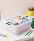 Clear 18 Qt Storage Organizer With Removable Dividers And Lid shown open with crafts and supplies inside