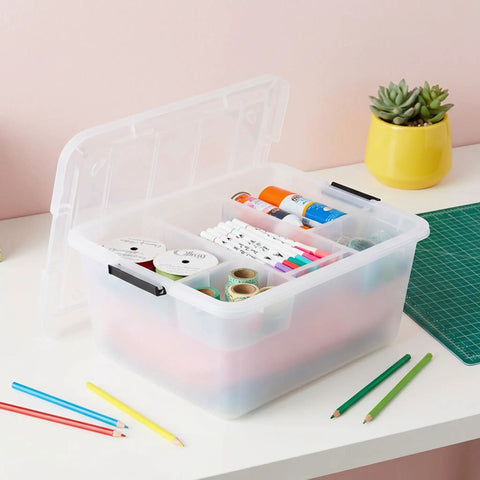 Clear 18 Qt Storage Organizer With Removable Dividers And Lid shown open with crafts and supplies inside