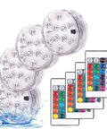 Color Changing Submersible LED Lights With Remote Battery Operated Decor for Fish Bowls and Parties, showing 4 lights and remotes.