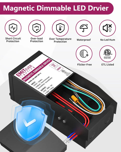 Heavy Duty 288W 12V Magnetic Dimmable LED Driver Power Supply Converts 120V AC To 12V DC With Smooth No Fuss Dimming Compatible With Lutron And Leviton Dimmer Switches Forward Phase MLV TRIAC Dimmers, black metal enclosure with wires