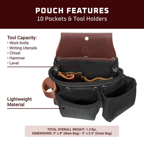 OxyLights 3 Pouch Tool Bag for Left Hand in Black with 10 Pockets and Tool Holders, visible pouches, pockets, and material details.