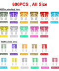 Assorted colors and sizes of blade fuses from Dope Car Fuse Kit With Blade Fuses And Storage Box 800 Piece Auto Truck Fuse Assortment Set In Mini Standard Size For Quick Swap And Smooth Vehicle Repairs
