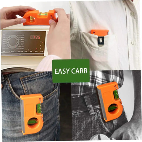 Spirit Level Tool Small Pocket Level with 2 Bubble Spirit Leveler Metal Keychain 3PCS in hands and pockets for easy carrying.