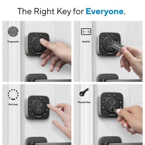 Bolt Pro WiFi Smart Deadbolt Lock With Apple Home Key Matter Support Biometric Fingerprint Reader Auto Unlock And Siri Alexa Google Voice Control For No-Sweat Access showing various access methods including fingerprint, key fob, pin code, and physical key.