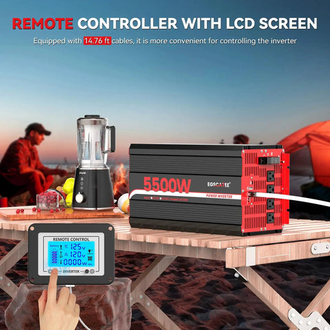 5500W Power Inverter 12V DC To 120V AC With 11000W Peak Surge for RV, shown with remote controller and blender.