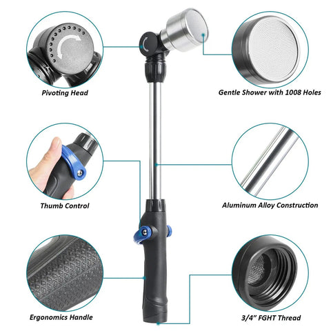 Soft Rain Watering Wand With Pivoting Head And Thumb Control, 18 Inch Gentle Rain Wand With 1008 Holes Stainless Head features