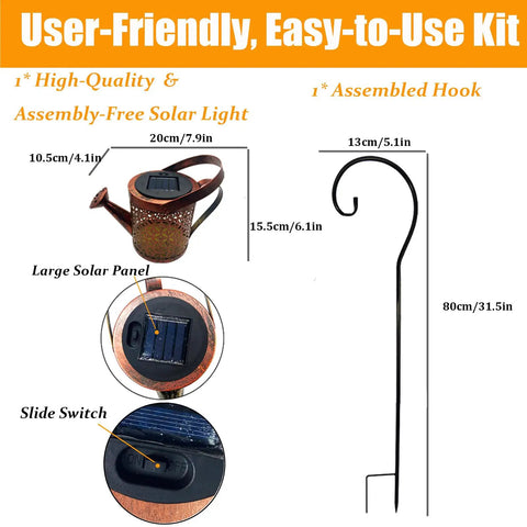 Waterproof Solar Lanterns With Metal Watering Can Shape, Outdoor Garden Decor Ornaments, Large with hook dimensions and features