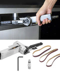 Heavy Duty Pneumatic Air Belt Sander With Three Abrasive Strips And Hex Wrench to nail woodworking chores, shown in use.