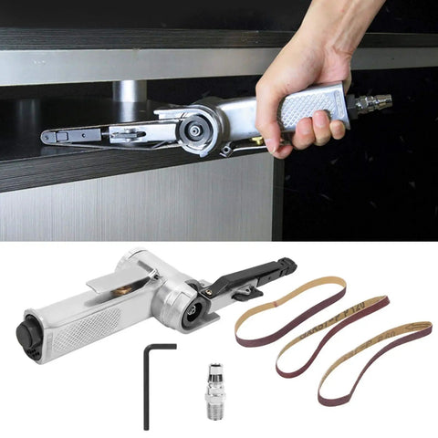 Heavy Duty Pneumatic Air Belt Sander With Three Abrasive Strips And Hex Wrench to nail woodworking chores, shown in use.