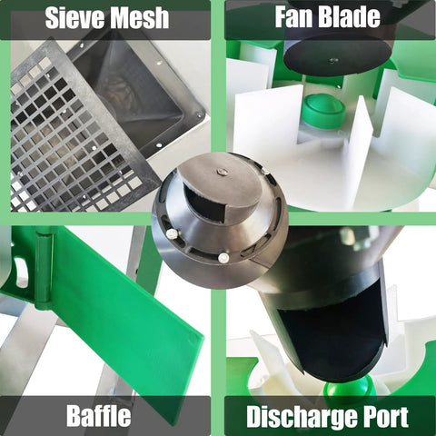 12V Front Mounted Stainless Steel ATV Broadcast Spreader showing sieve mesh, fan blade, baffle, and discharge port details