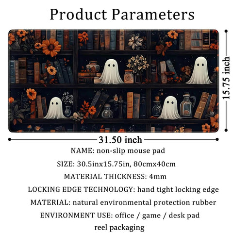 Cute Vintage Gothic Desk Pad XXL Mouse Pad For Large Desks with Dark Academia theme, 31.5 by 15.8 inches, bookshelf pattern, stitched edges.