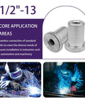6 Pack Heavy Duty 1/2 Inch 13 Thread Weld On Nut Extended Stepped Bung Female Weld Nut shown with welding applications and uses.