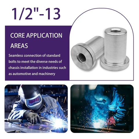 6 Pack Heavy Duty 1/2 Inch 13 Thread Weld On Nut Extended Stepped Bung Female Weld Nut shown with welding applications and uses.